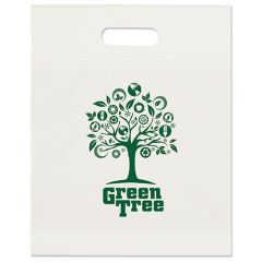 white handout bag with an imprint saying green tree