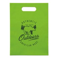 lime green handout bag with an imprint saying Authentic the great outdoors American made