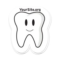 A sticker of a tooth with a smiley face and yoursite.org text above
