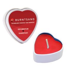 personalized red single wick candle in tin container with an imprint on the tin lid saying burntsand technology strategy and services