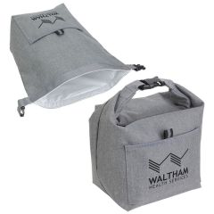gray heathered lunch bag with a front pocket and a roll-up closure with an imprint saying Waltham Health Services