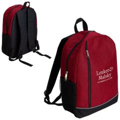 red heathered backpack with two zippered compartments with a mesh pocket and an imprint saying Lenker & Malsky Attorneys At Law