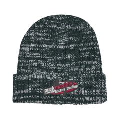 green heathered beanie with an imprint saying puck masters hockey training