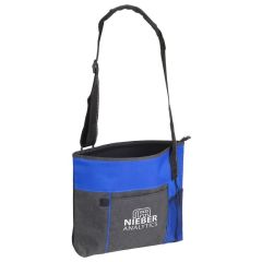 gray tote bag with blue trim, a side mesh pocket, front pocket, zippered main compartment, and an imprint saying Nirber Analytics