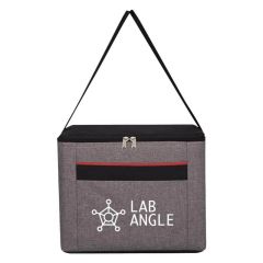 gray and red cooler bag with front pocket, adjustable strap, and zippered main compartment