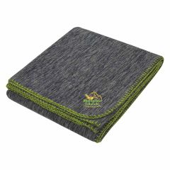 heathered designed fleece blanket with green whipstitch and an imprint saying blue spruce colorado sky resort