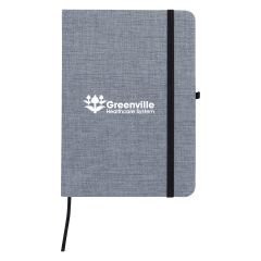 gray heathered journal with black bookmark and strap closure and an imprint on the front saying greenville healthcare system