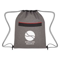 gray drawstring bag with front pocket and an imprint saying world line reliance