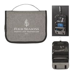 a group of gray heathered toiletry bags with inside compartments, web carrying handle, and an imprint saying Four Seasons Resort and Residences