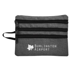 gray heathered travel pouch with 3 zippered compartments, a loop, and an imprint saying Burlington Airport