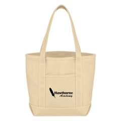 natural cotton tote bag with front pocket, carrying handles, and an imprint saying hawthorne academy