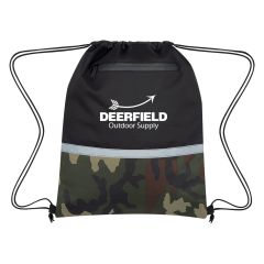 personalized camo drawstring bag with front zippered pocket and an imprint saying deerfield outdoor supply