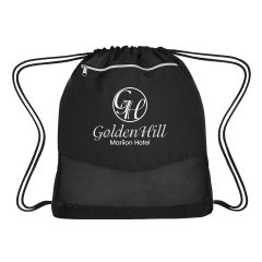 black drawstring bag with front zippered pocket and an imprint saying golden hill mariion hotel