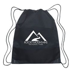 black drawstring bag with large front pocket and an imprint saying rocky mountains national park