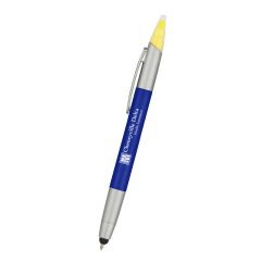 personalized blue highlighter pen with yellow highlighter, black stylus, and an imprint saying cheneyville delta health insurance