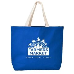 blue tote bag with cream handles and an imprint saying Franklin County Farmers market Fresh. Local. Lively