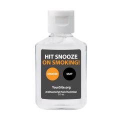 a clear hand sanitizer bottle with a white cap and an imprint saying hit snooze on smoking with two options saying snooze and quit and yoursite.org text below