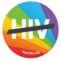 Round sticker with a rainbow-colored background and text saying HIV with a black dash across it