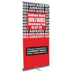 a retractable banner with HIV/AIDS pattern and text saying National black hiv/aids awareness day with the date and info below
