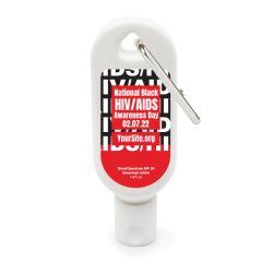 a sunscreen bottle with a silver carabiner and HIV/AIDS pattern and text saying National Black HIV/AIDS Awareness Day