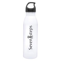 White stainless steel bottle with a black screwable cap and an imprint saying seven steps