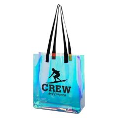a holographic tote bag with an imprint saying Crew Surf Company