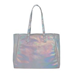 A holographic shopper tote with a soft interior lining.