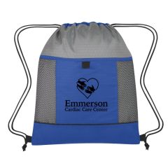 gray backpack with gray trim and an imprint saying Emmerson Cardiac Care Center