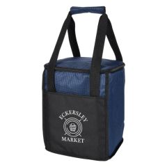 blue and black cooler bag with carrying handles, front pocket, and zippered main compartment