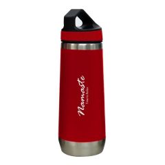 red stainless steel bottle with a black top and an imprint saying Namaste Time to relax