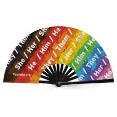 custom rainbow snap fan with pronouns such as she/her, he/him, and they/them along each different color