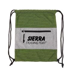 green interwoven drawstring bag with a front pocket zipper and an imprint saying sierra trading post
