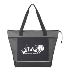 gray tote bag with black trimming and an imprint saying Splash Vacation Resort