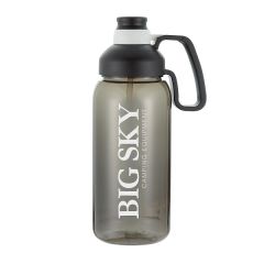 black sports bottle with a black lid and an imprint saying Big Sky Camping Equipment
