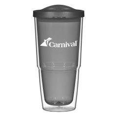 black tumbler with a matching lid and an imprint saying Carnival