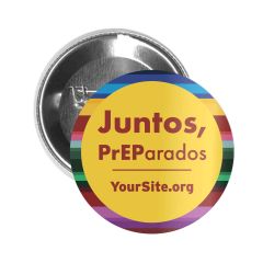 Button pin with juntos, preparados logo and yoursite.org text below