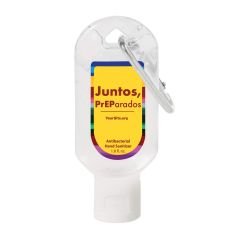 travel size hand sanitizer with a yellow label imprint saying juntos, preparados and yoursite.org and antibacterial hand sanitizer 1.8 fl. oz. text below