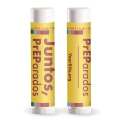 white lip balm with an imprint of a yellow background and text saying juntos preparados