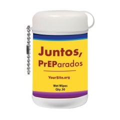 mini wet wipe canister with white cap and yellow background with text saying juntos, preparados and yoursite.org and wet wipes qty. 30 text below