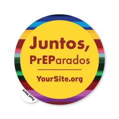 A round sticker with text saying juntos, preparados and yoursite.org text below