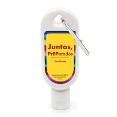 1 fl. oz. white sunscreen bottle with yellow imprint saying juntos, preparados text and yoursite.org and broad spectrum spf 30 sunscreen lotion text below