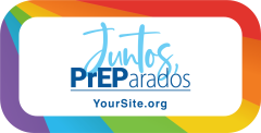 round sticker with rainbow colors and text saying juntos preparados and yoursite.org text below