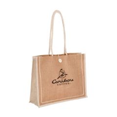 natural jute tote bag with rope handles and an imprint saying Caribou coffe
