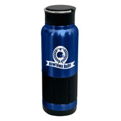 a blue stainless steel bottle with a black grip and top and an imprint saying Newtown Bulls