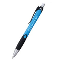 blue pen with a black grip and an imprint saying beauticontrol