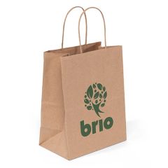 a natural paper bag with twisted handles and an imprint saying brio