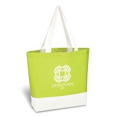 lime green non-woven tote bag with white handle, base, and an imprint saying Donovan Spa