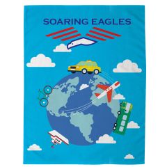 full color blanket with an imprint of the soaring eagles logo and the globe with different forms of transportation