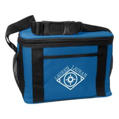 blue cooler bag with adjustable strap, two side mesh pockets, front pocket, and zippered main compartment