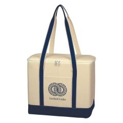 cotton canvas cooler bag with navy trim, front pocket, and main zippered compartment